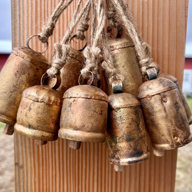 Nine Old World Rustic Bells with Jute